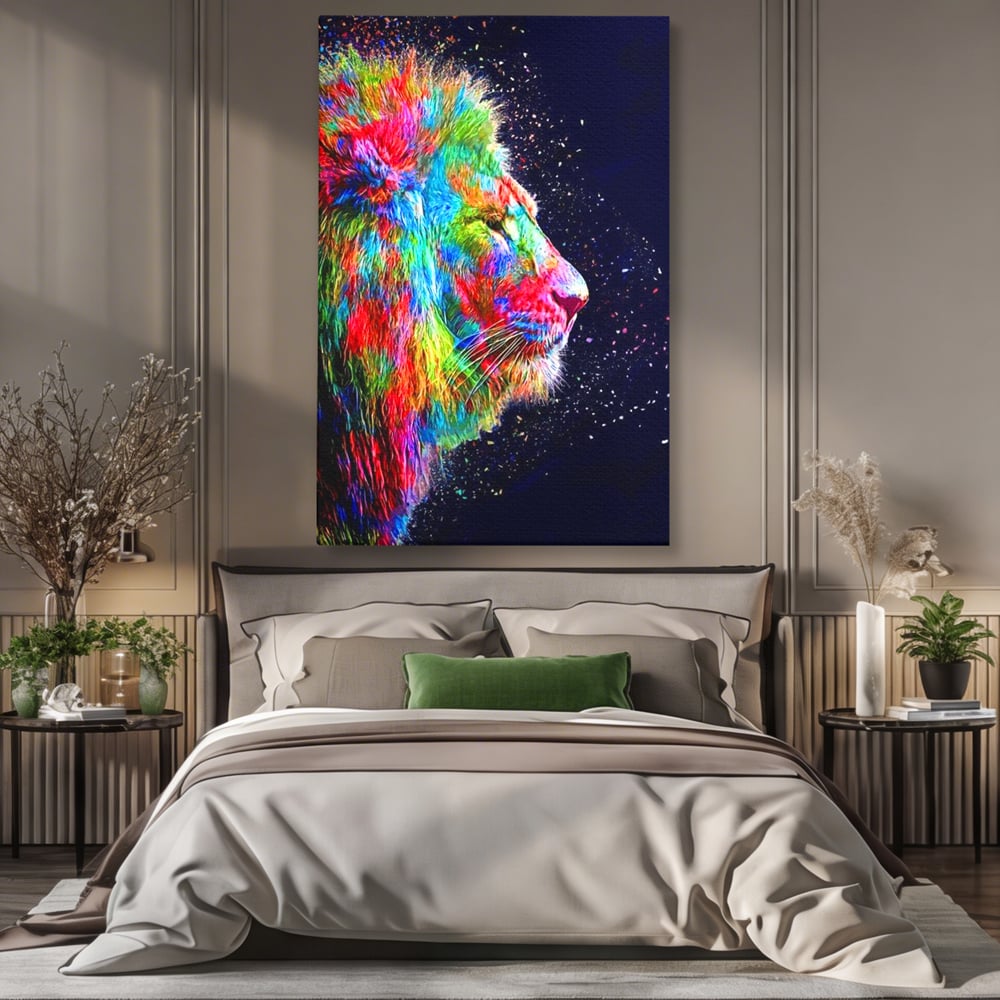 Tablou canvas cu tablou canvas cu profil de leu multicolor, fara rama, pe sasiu de lemn, pe perete intr-un dormitor